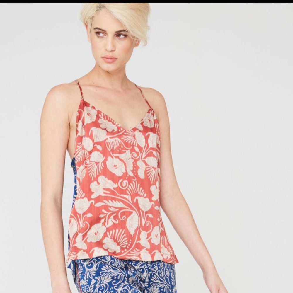 La Boheme Cora Silk Camisole Deco Floral Mix Blue/Red Print NWT